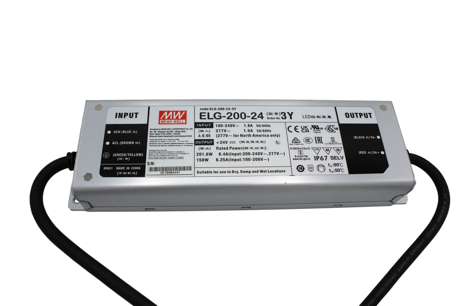 ELG-200-24-3Y Led-Trafo, IP67 201,6W, 24V, 8,4A CV+CC + PE, MEAN WELL