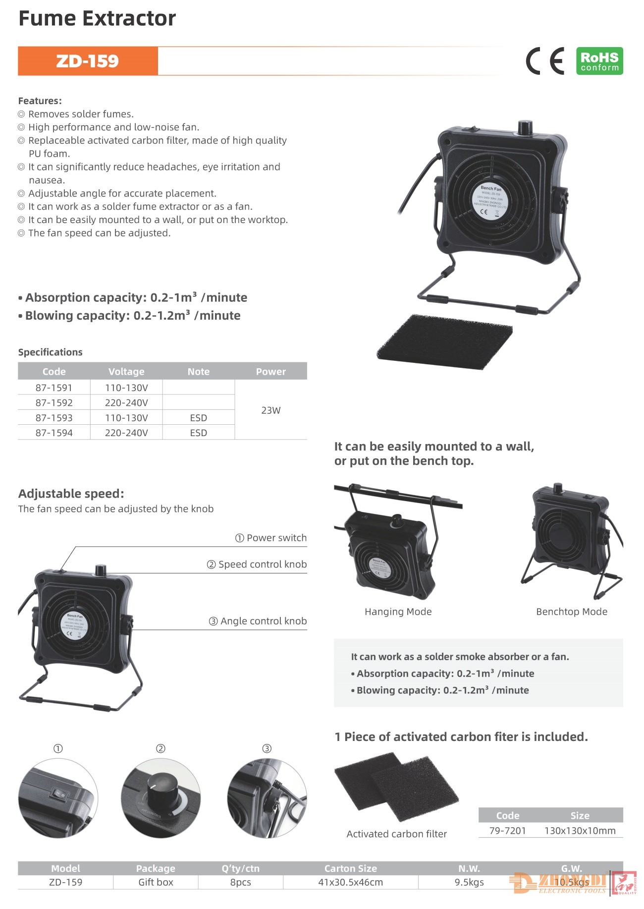 ZD-159 ESD solder smoke absorber, fume extraction, ESD safe