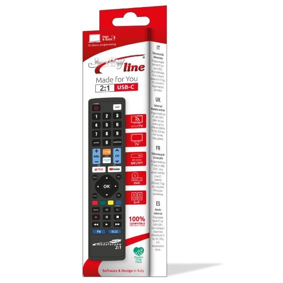 The JOLLY LINE JL1770USB universal USB-C remote control shown next to its red retail packaging.