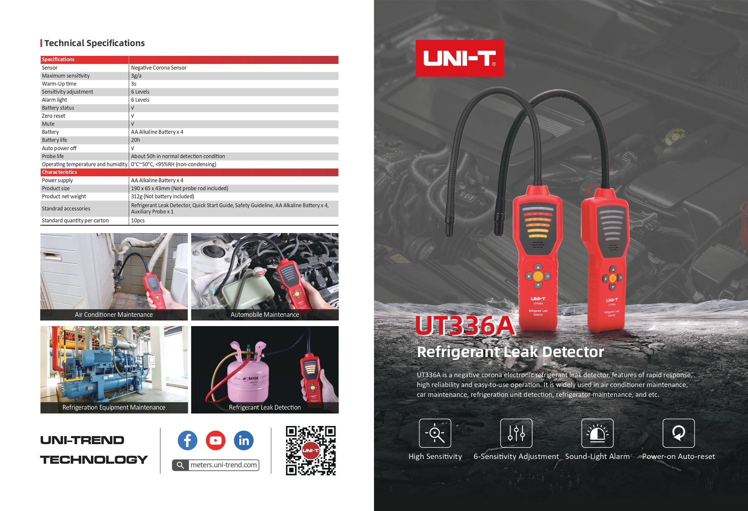 Datasheet for the UNI-T UT336A refrigerant leak detector, detailing technical specifications and application areas like automotive and air conditioner maintenance.