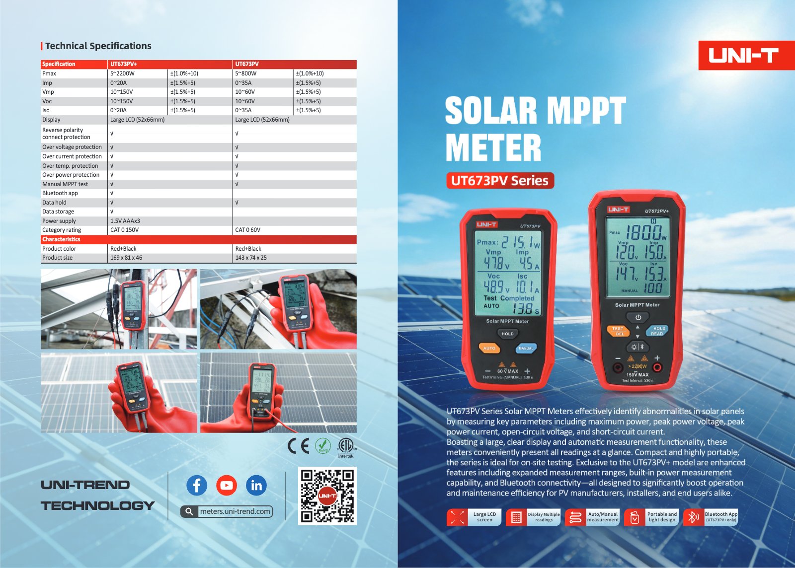 Technisches Datenblatt Seite 1: Spezifikationen und Modellvergleich des UNI-T UT673PV+