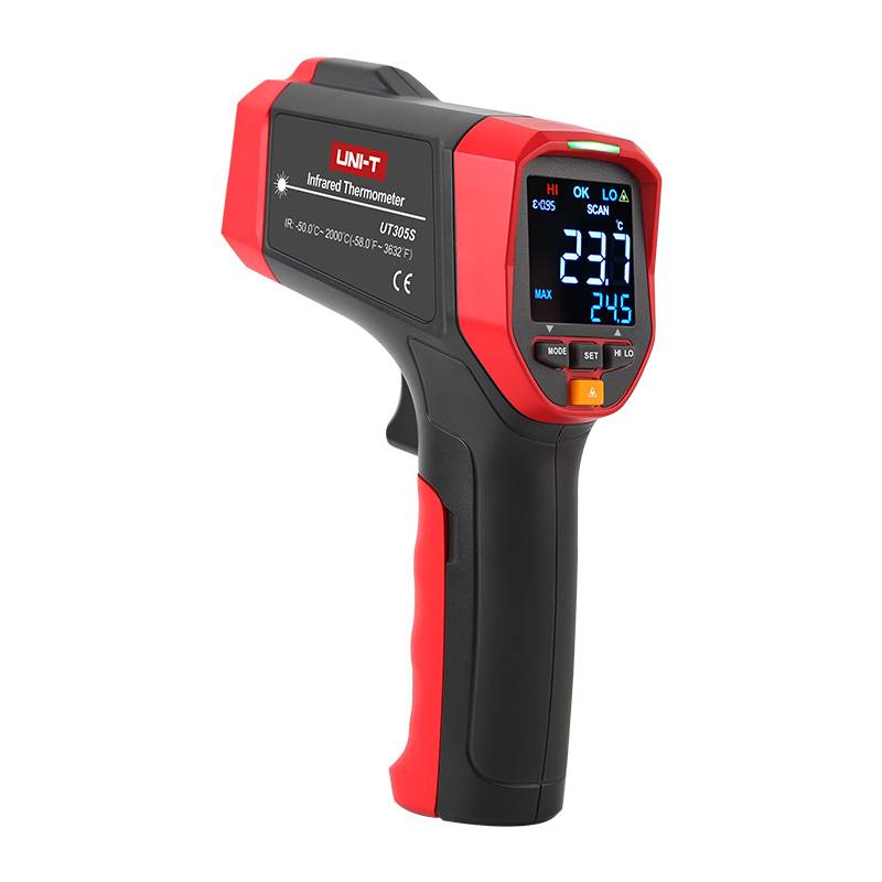 UNI-T UT305S infrared thermometer with an illuminated display showing a temperature of 23.7 degrees Celsius.