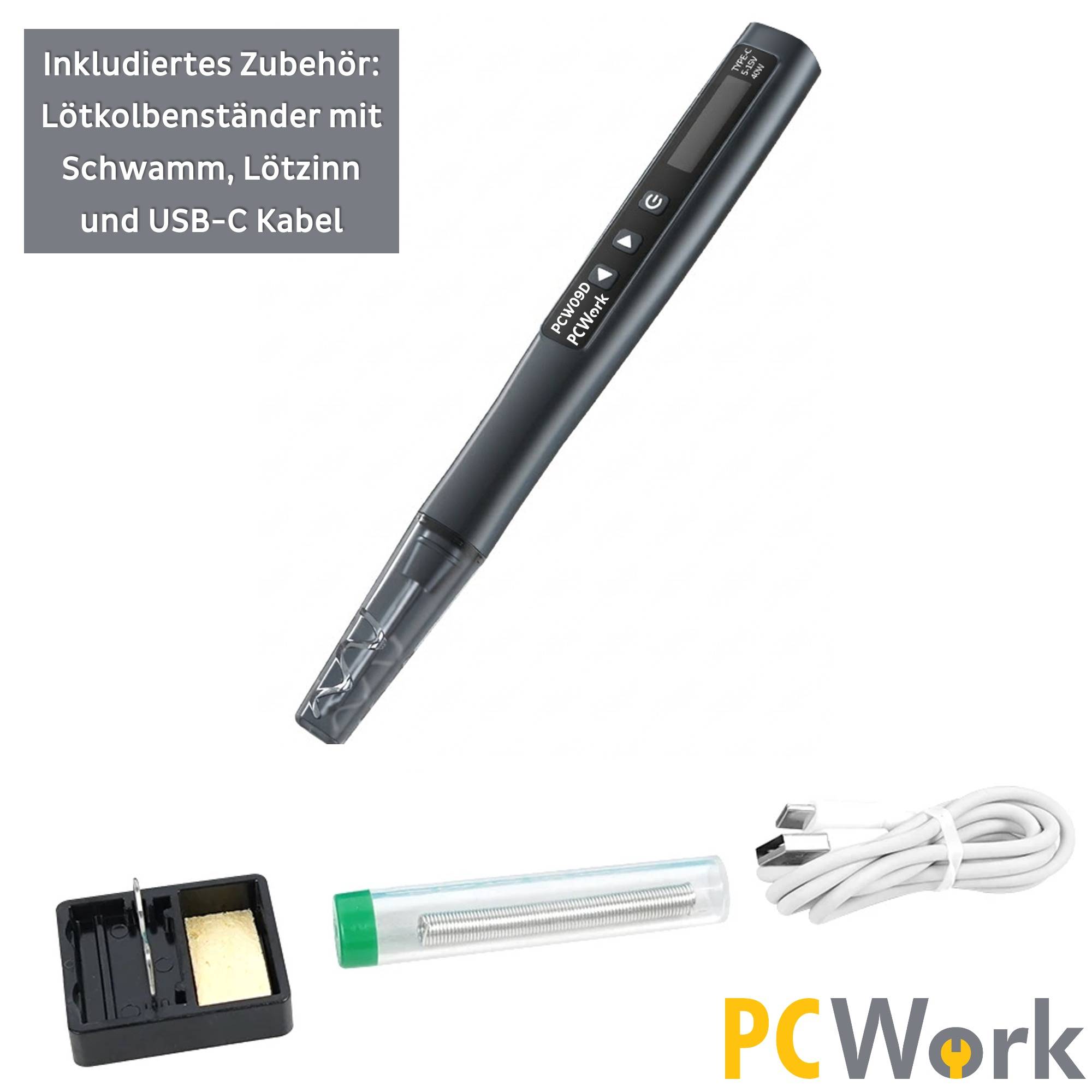 Lieferumfang des PCWork PCW09D USB-C Lötkolbens: Lötkolben, Ständer mit Schwamm, Lötzinn und USB-C Kabel.