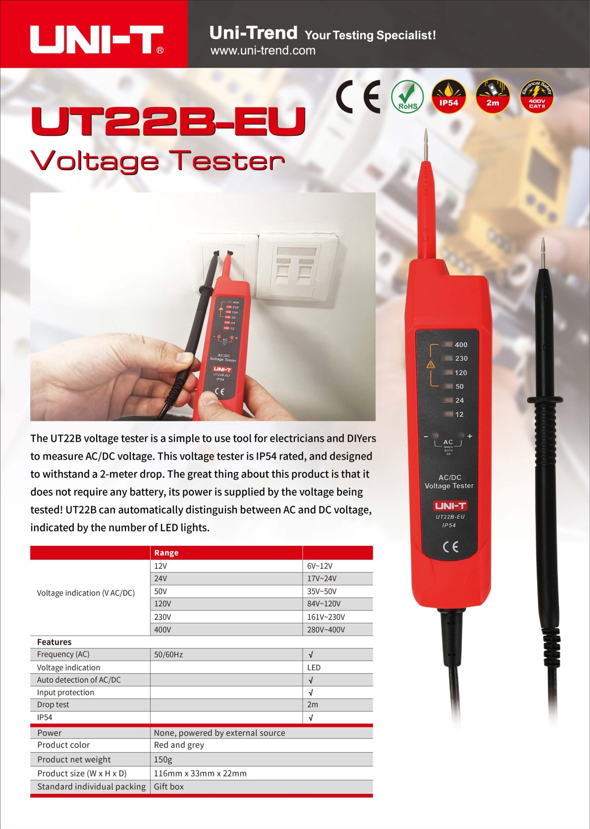 UT22B-EU AC/DC Voltage Tester