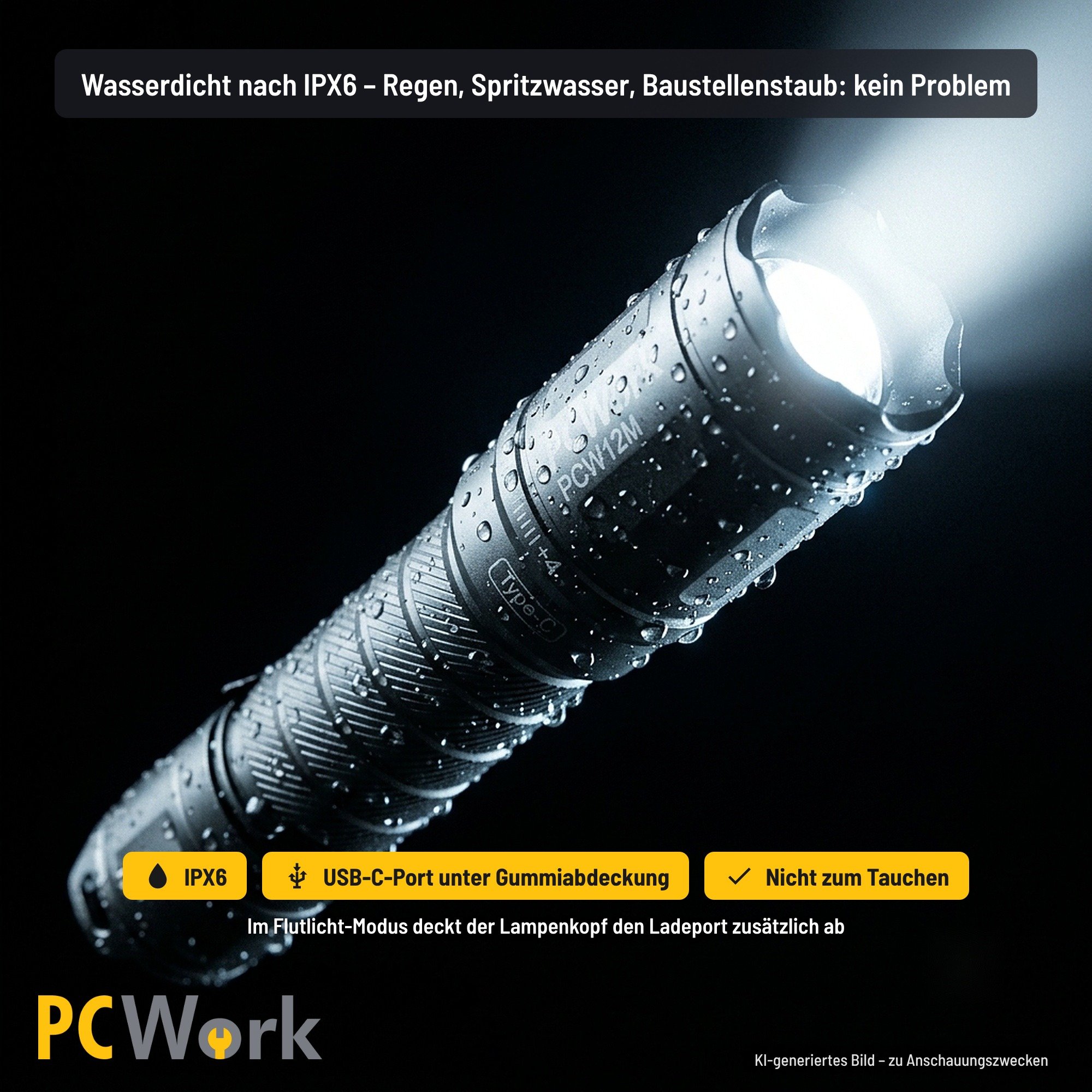 Nasse PCW12M LED-Taschenlampe demonstriert Wasserschutz nach Standard IPX6 gegen Strahlwasser