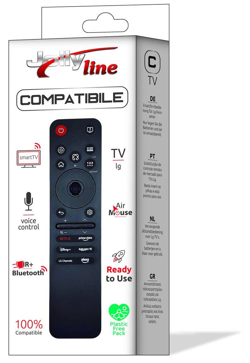 Jelly-Line JL1502/3 replacement remote for LG in its retail packaging, highlighting features like Air Mouse, voice control, and Bluetooth.
