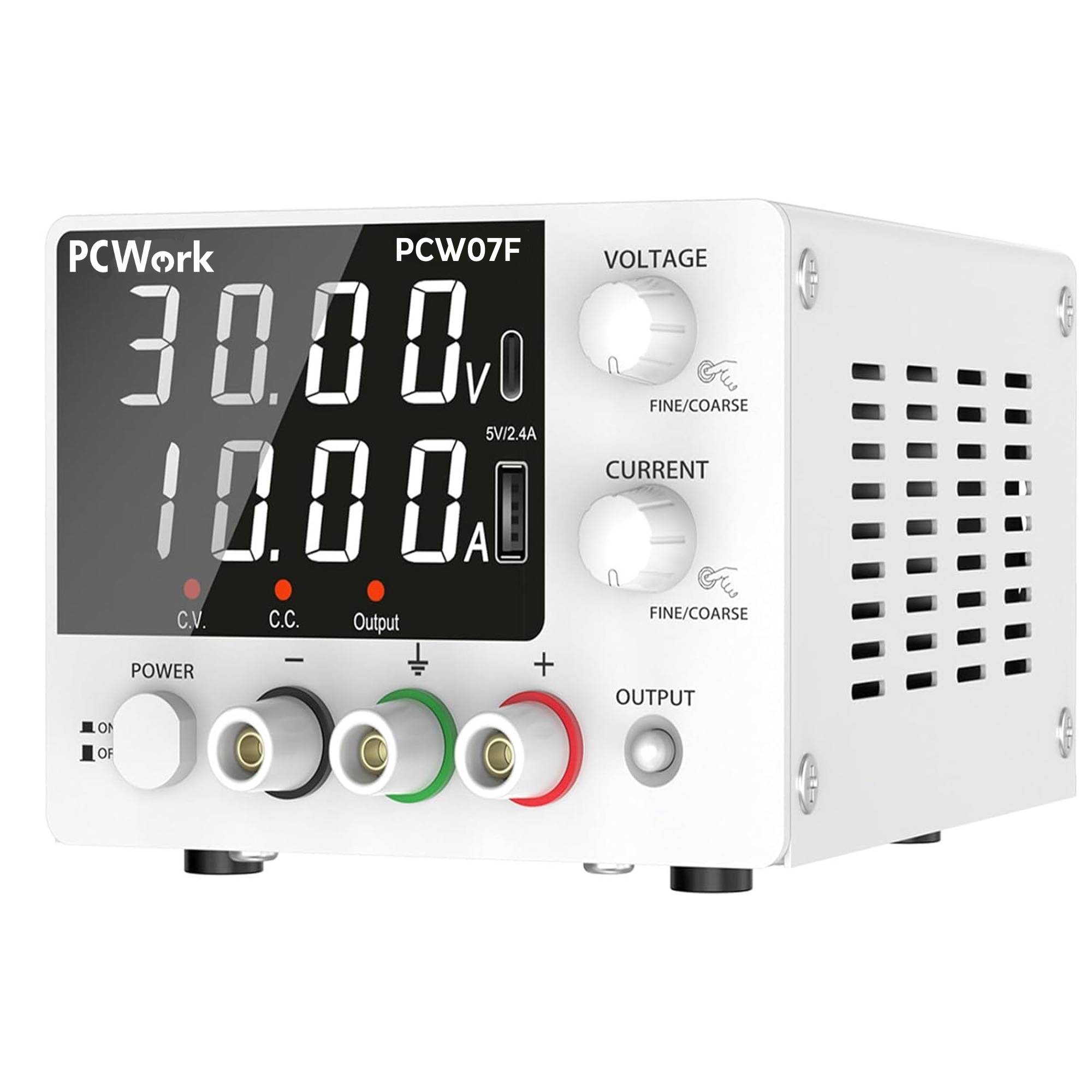 PCW07F Labornetzteil mit großem 4-stelligen LED-Display, das 30,00V und 10,00A anzeigt. Frontansicht mit Spannungs- und Stromreglern sowie Ausgangsbuchsen.