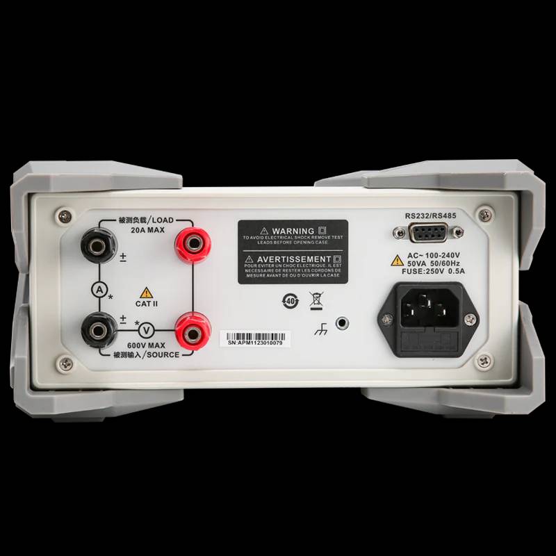 Anschlussfeld auf der Rückseite des UTE9802+ Power Meters, inklusive RS-232/RS-485 Schnittstellen für automatisierte Testsysteme.