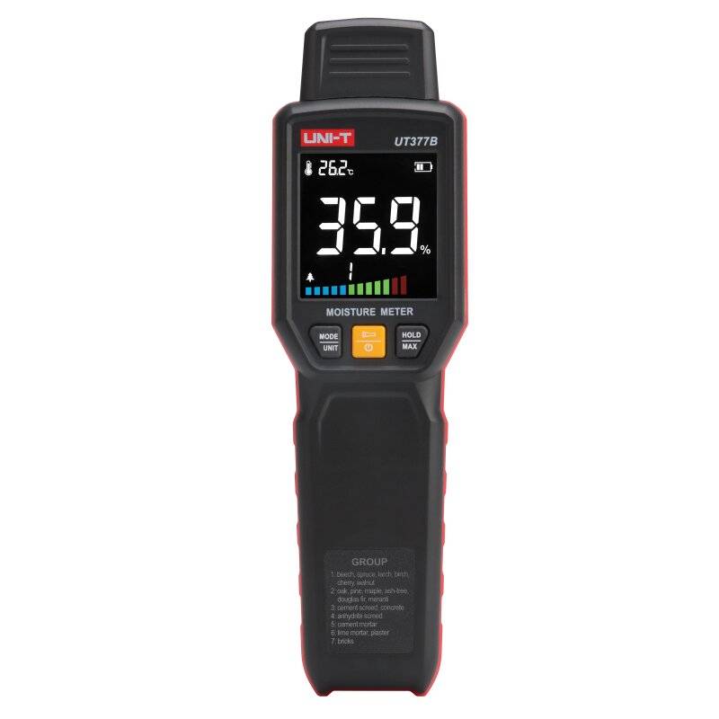 UNI-T UT377B Holz- und Baufeuchtemessgerät mit eingeschaltetem Display, das Feuchtigkeit und Temperatur anzeigt.