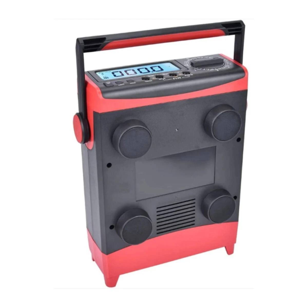 Rückseite des UNI-T UT802 Tischmultimeters mit integriertem Tragegriff und Zugang zur flexiblen Stromversorgung über Batterien.