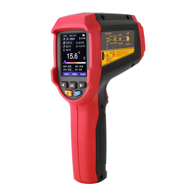 Rear view of the UNI-T UT305C+ infrared thermometer, highlighting the professional 55:1 distance-to-spot ratio for precise remote measurements.