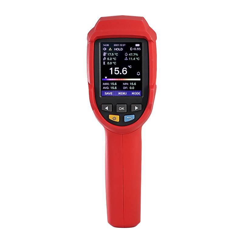 Front view of the UT305C+ infrared thermometer showing the high-resolution 2.4-inch TFT color display and intuitive control buttons for modes and data saving.