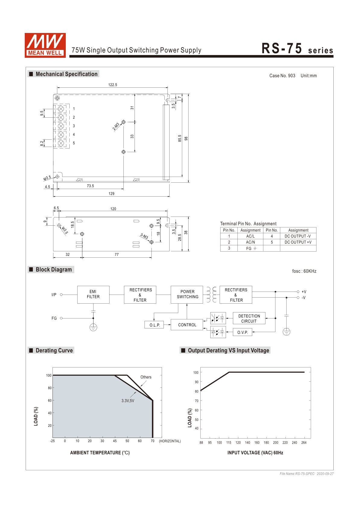 RS-75-24 Switching power supply, closed, 76W, 24V, 3,2A, MEAN WELL
