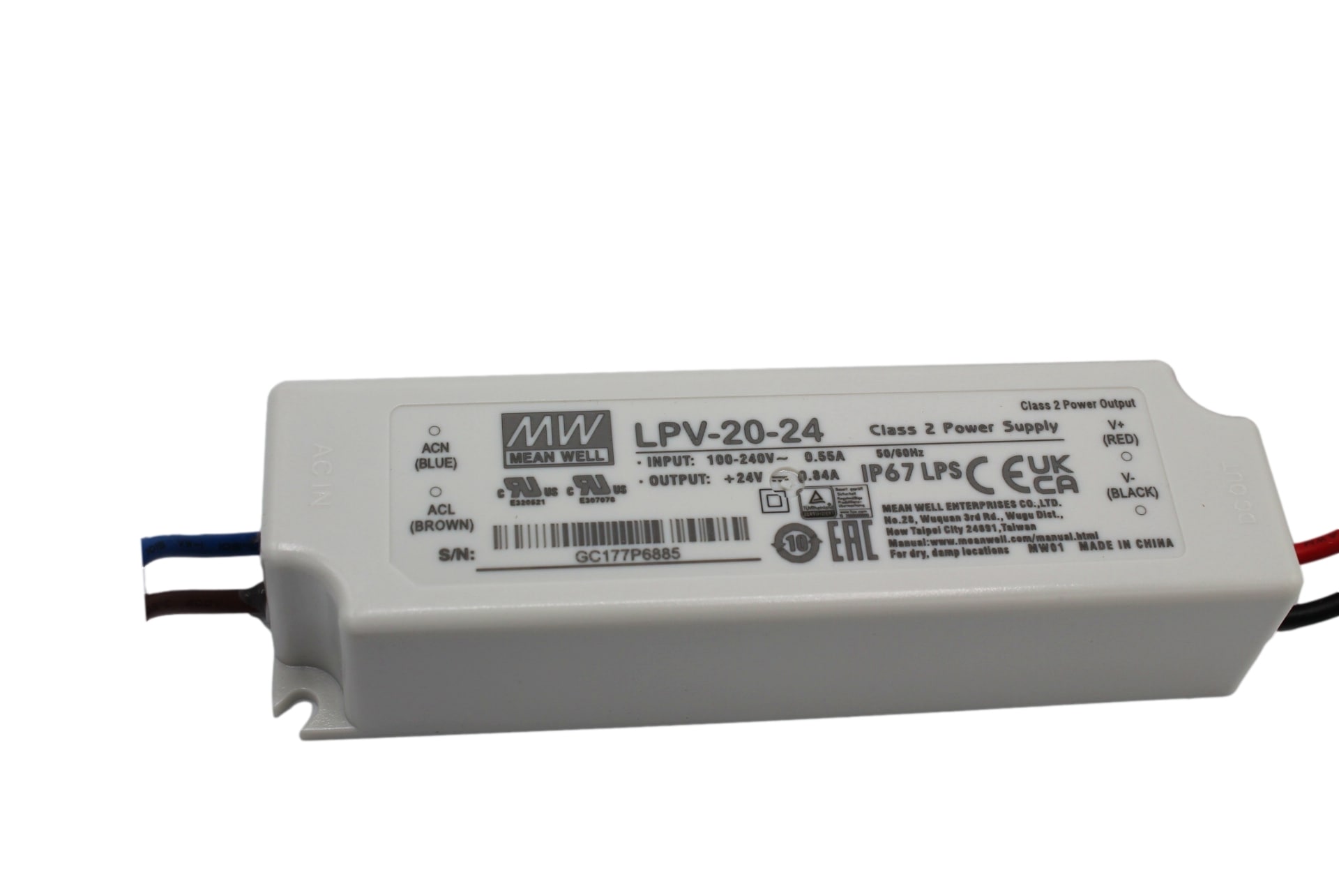 LPV-20-24 Led-Trafo, Class2 20W, 24V, 0,84A CV, MEAN WELL