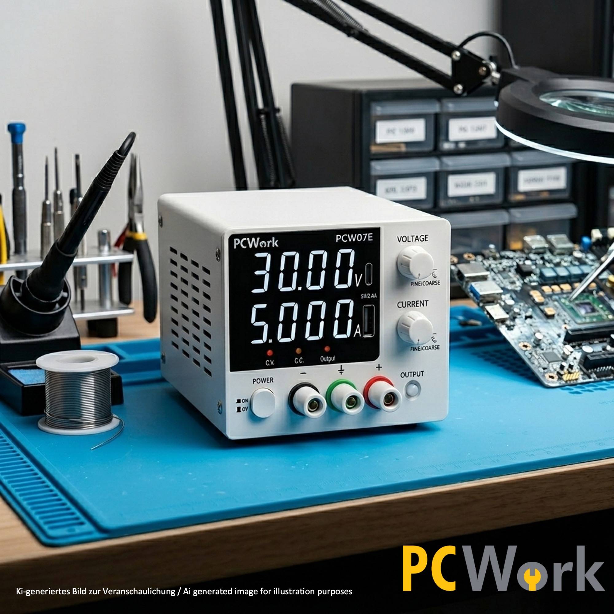 Das PCWork PCW07E Labornetzteil im Einsatz auf einem Elektronik-Arbeitsplatz, neben einem Lötkolben und einer Platine.