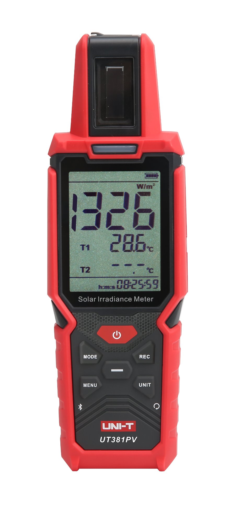 UNI-T UT381PV Solar-Einstrahlungsmessgerät Frontansicht mit Displayanzeige