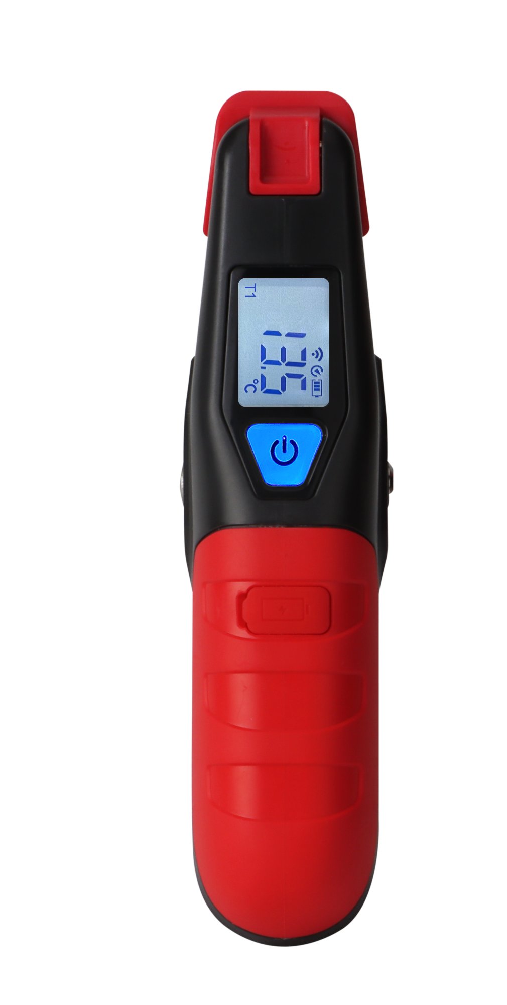 Digitale Temperaturmesszange UT320i von UNI-T mit blau beleuchtetem Power-Button