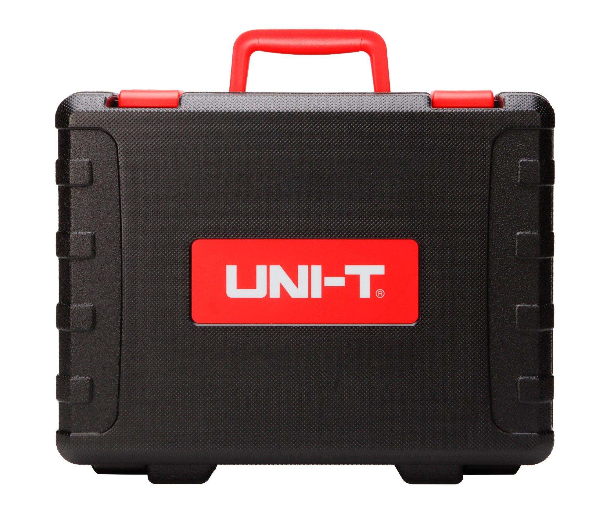Schwarzer Hartschalenkoffer mit rotem Tragegriff und Firmenlogo für den UNI-T UT595 Installationstester.