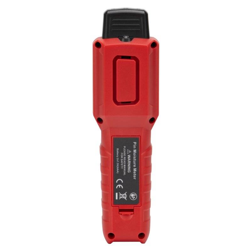 Rückseite des UNI-T UT377B Feuchtemessgeräts mit Batteriefach, Warnhinweisen und CE-Kennzeichnung.
