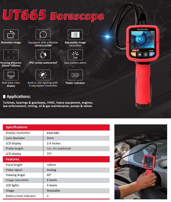 UT665 Boroskop, Kamerasonde 1m, IP67