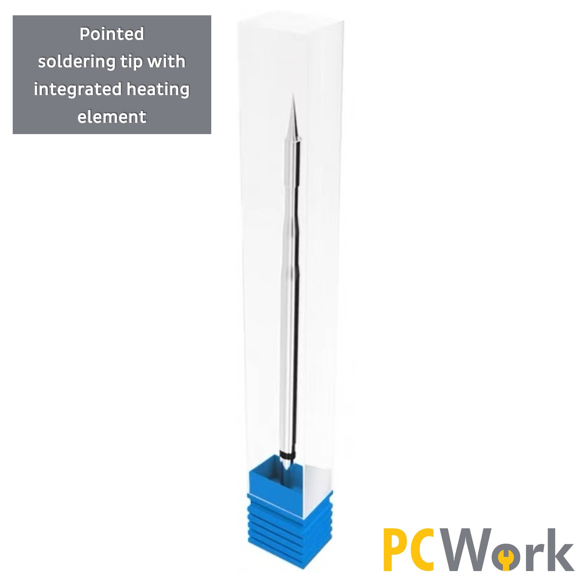 Nahaufnahme der präzisen, spitz-zulaufenden Lötspitze des PCWork PCW09D mit integriertem Heizelement.