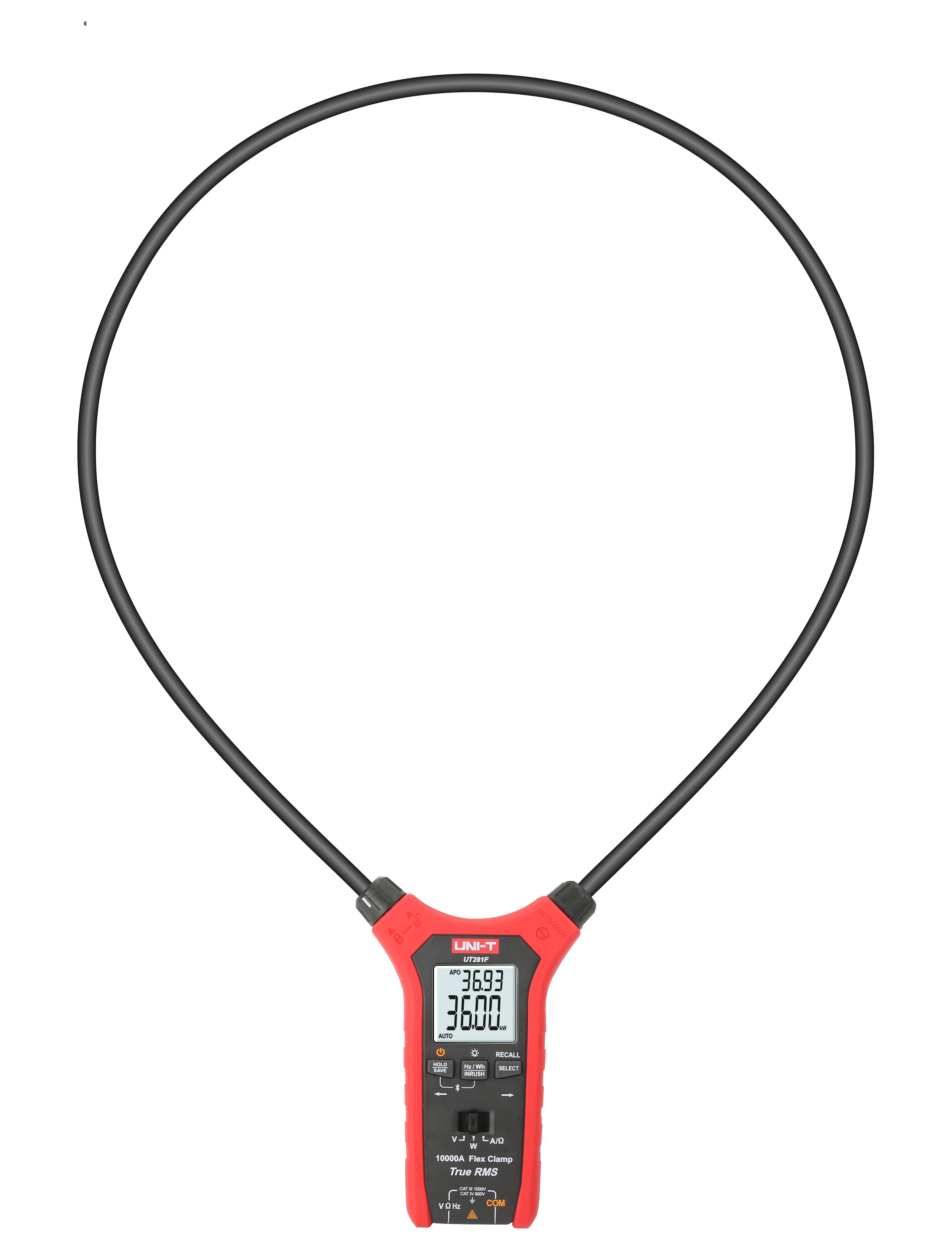 UNI-T UT281F Flexible Stromzange mit eingeschaltetem Display, das Messwerte anzeigt, freigestellt auf weißem Hintergrund.