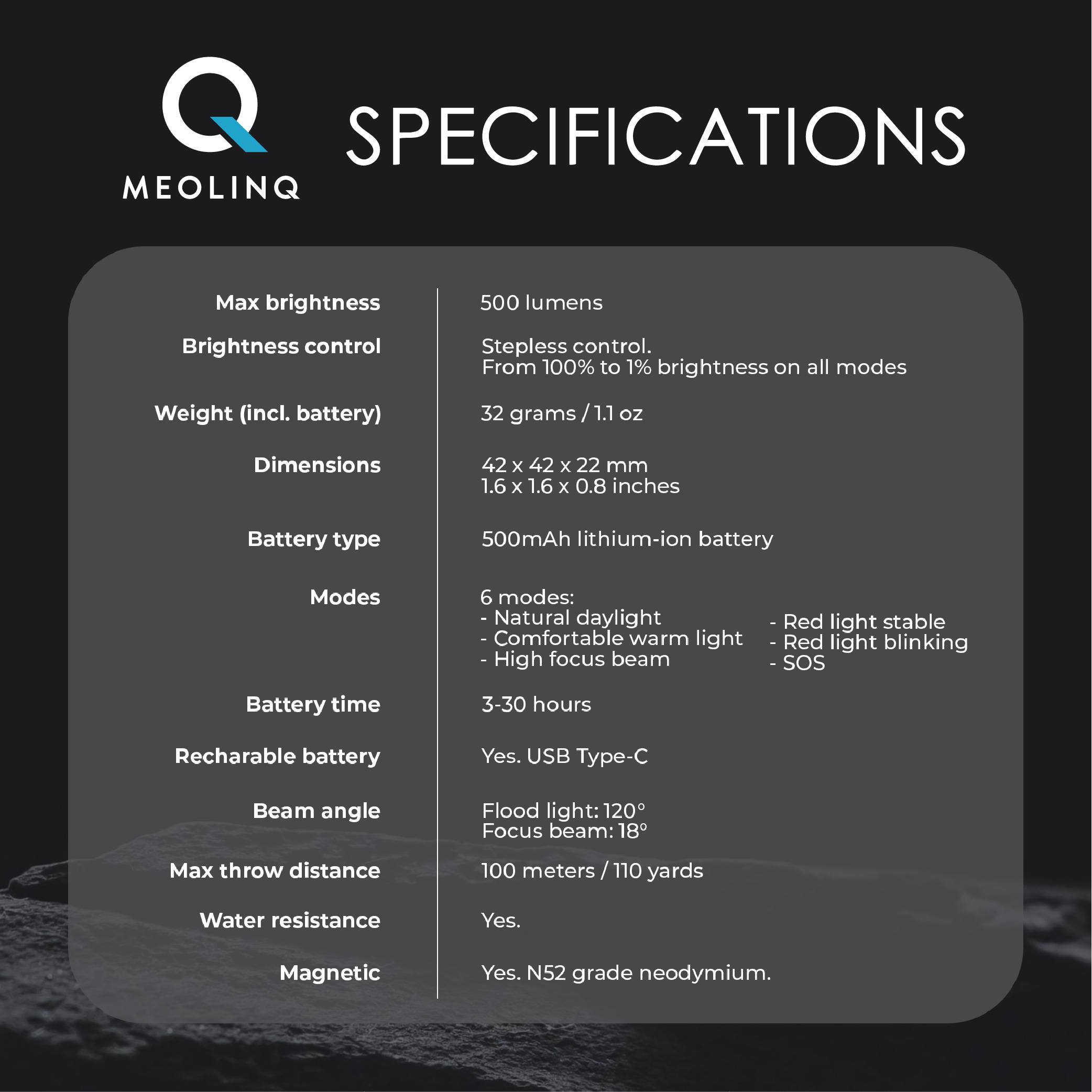 Tabelle mit den technischen Daten der MEOLINQ Light01: Helligkeit, Gewicht, Modi, Akku und weitere Spezifikationen.