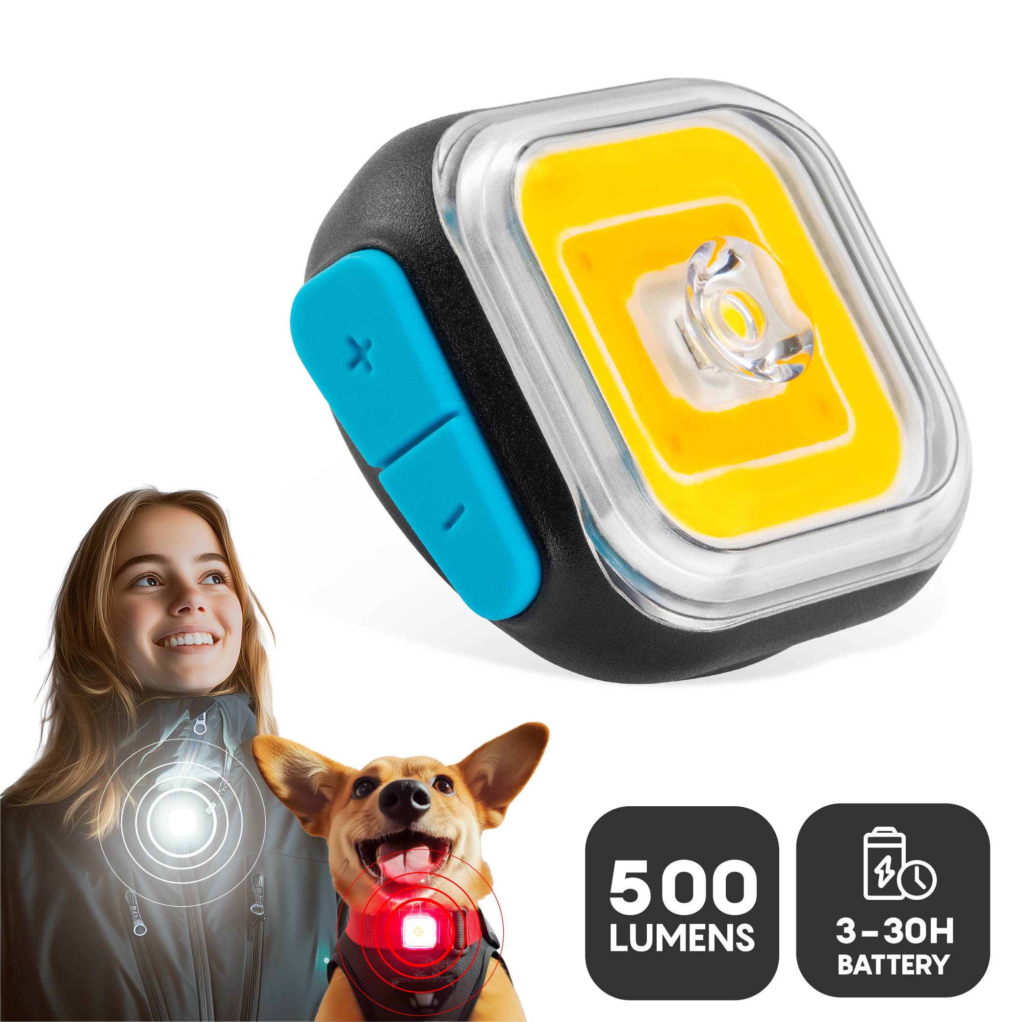 MEOLINQ Light01 Infografik zeigt eine Frau und einen Hund, die das Licht tragen, und hebt 500 Lumen und 3-30 Stunden Akkulaufzeit hervor.