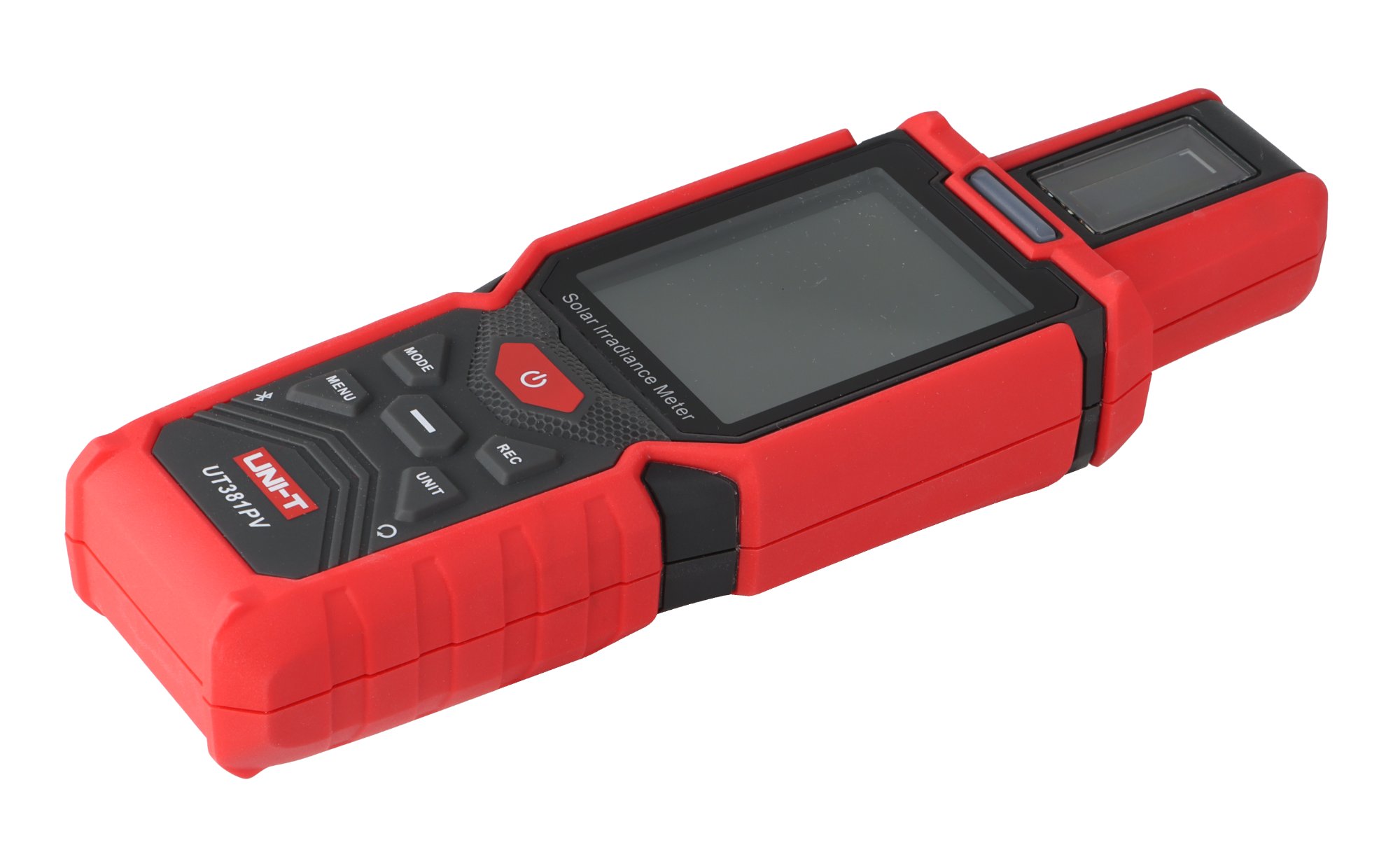 Schrägansicht des UNI-T UT381PV Solar-Einstrahlungsmessgeräts mit griffigem Gehäuse und Sensorfenster.