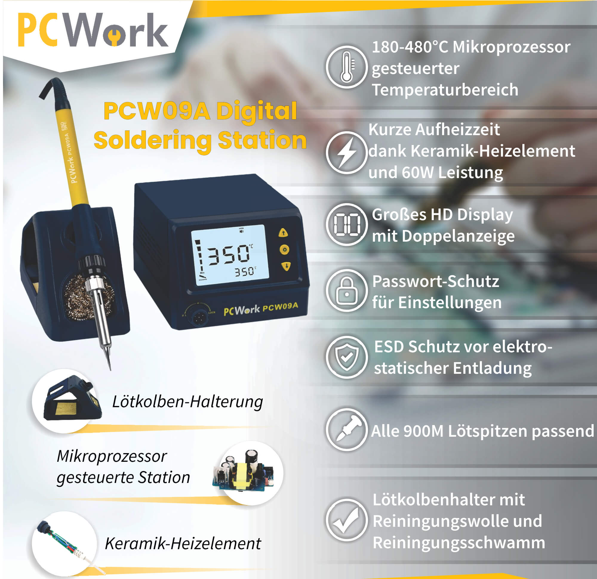 PCW09A Lötstation, digital, 60W, ESD-safe, 180-480°C PCW09A Lötstation, digital, 60W, ESD-safe, 180-480°C