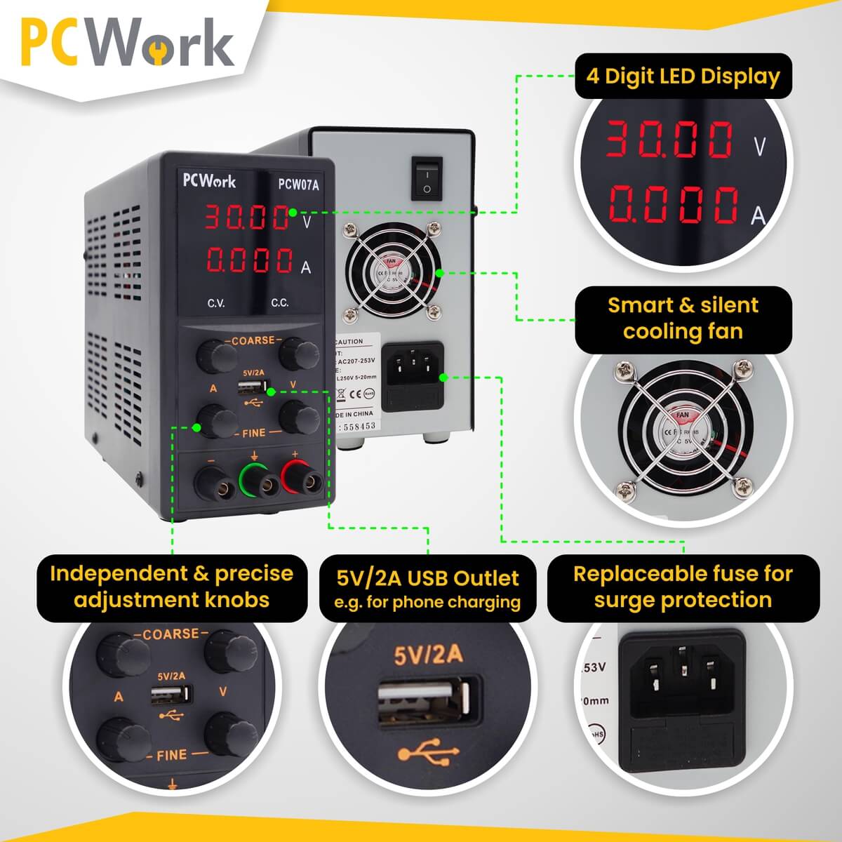 PCW07A Laboratory Power Supply, DC, 0-30V, 5A