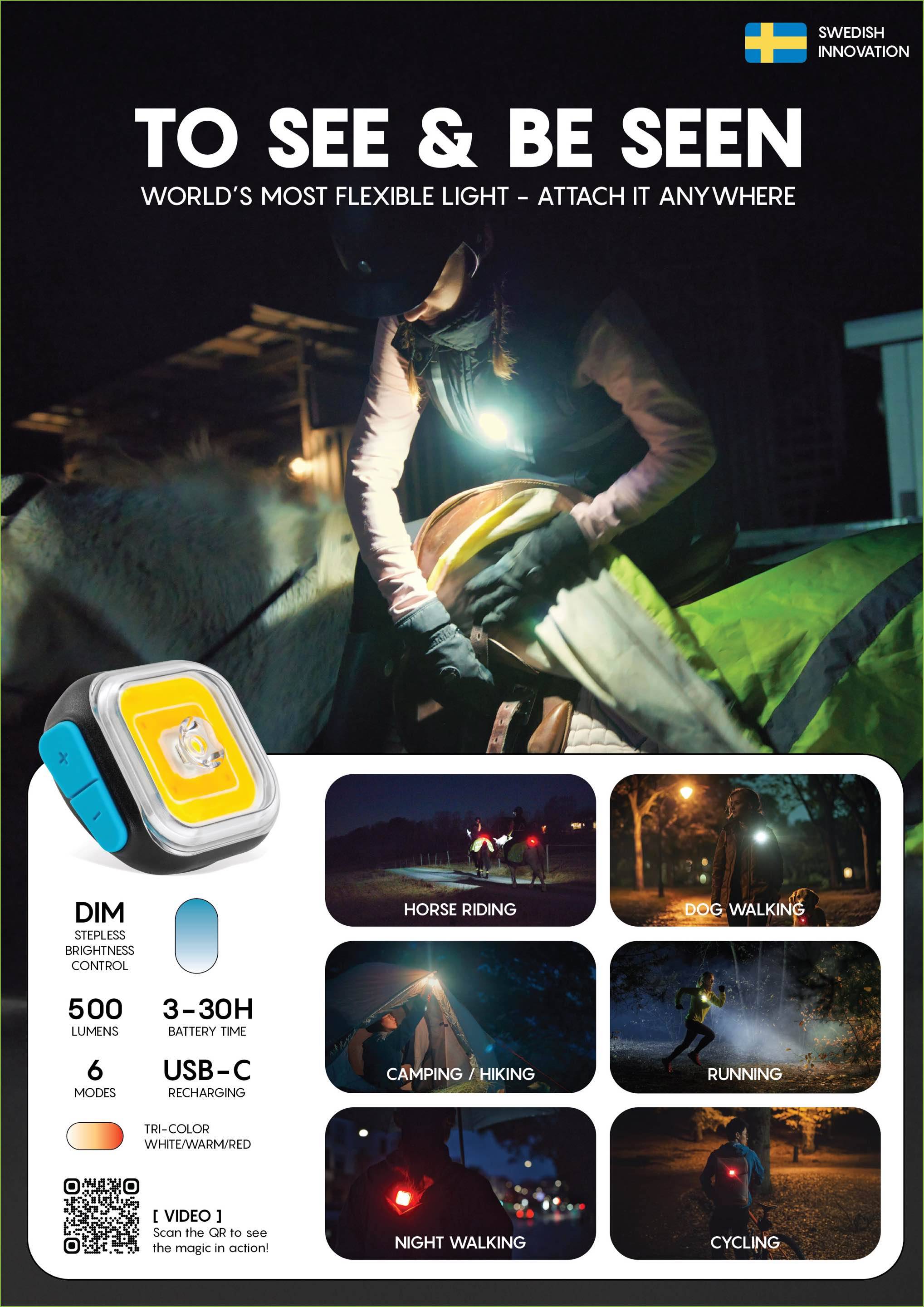 Detaillierte Infografik der MEOLINQ Light01 mit dem Slogan 'To See & Be Seen' und Anwendungsfällen wie Reiten, Laufen und Radfahren.