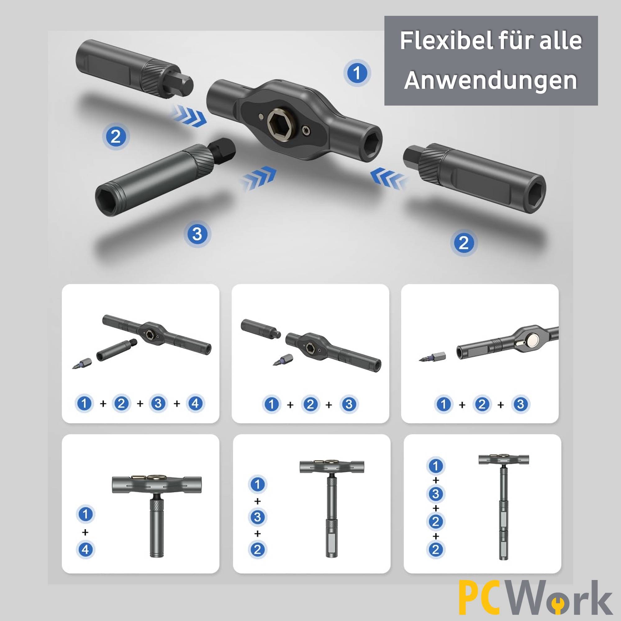 Infografik zu den flexiblen Anwendungsmöglichkeiten der PCWork PCW08K Mini-Ratsche mit Verlängerungen und als T-Griff.