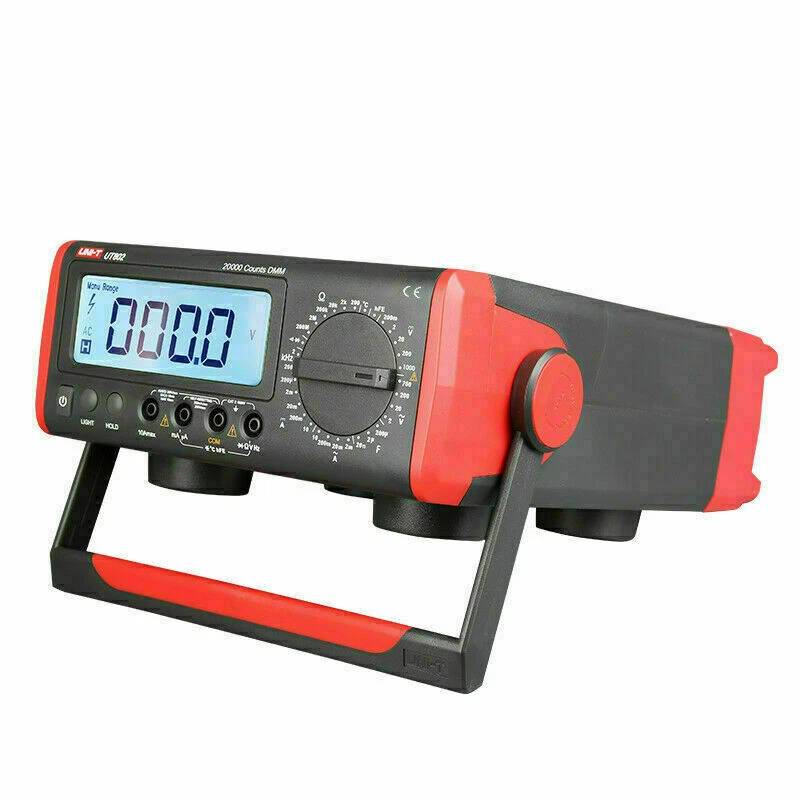 UNI-T UT802 True-RMS Tischmultimeter in der Seitenansicht, zeigt das robuste Gehäuse und den praktischen Standfuß.