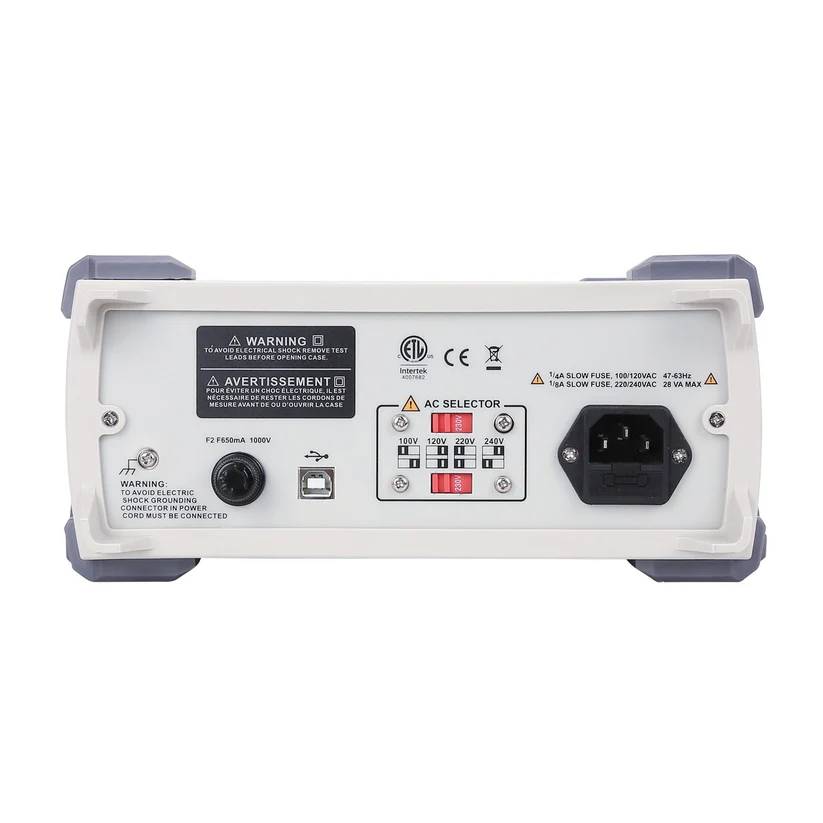 Rear panel of the UNI-T UT8803E Bench Top Multimeter showing the LAN port, AC voltage selector, and fuse holder.