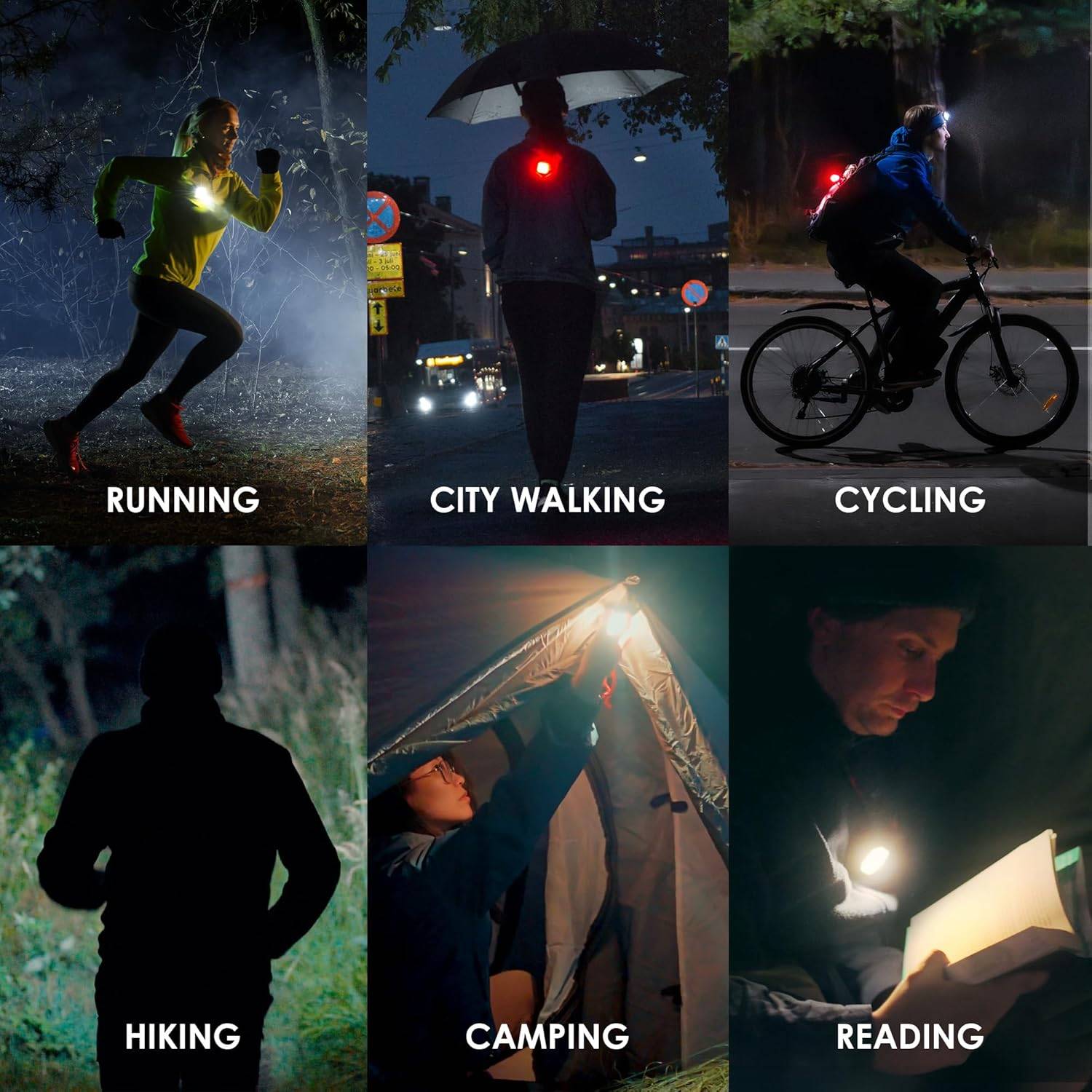 Sechs Anwendungsbeispiele für die MEOLINQ Light01: Laufen, Stadtbummel, Radfahren, Wandern, Camping und Lesen.