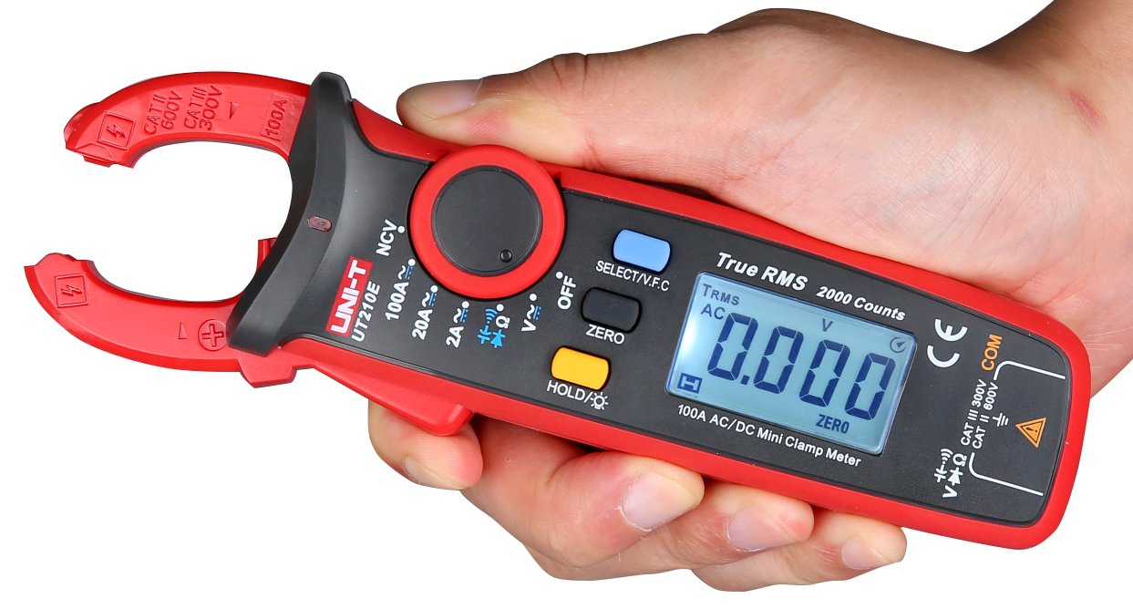 UNI-T UT210E True RMS AC/DC mini clamp meter held in hand with open jaw