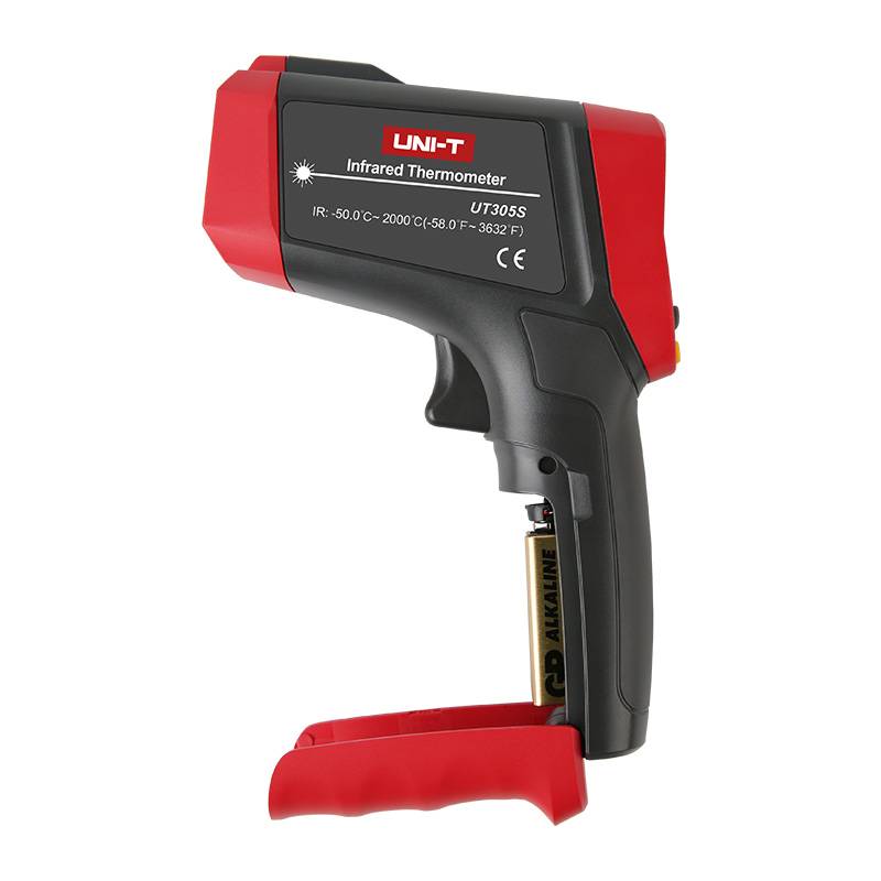 Side view of the UNI-T UT305S infrared thermometer with the battery compartment open and a 9V battery inserted.
