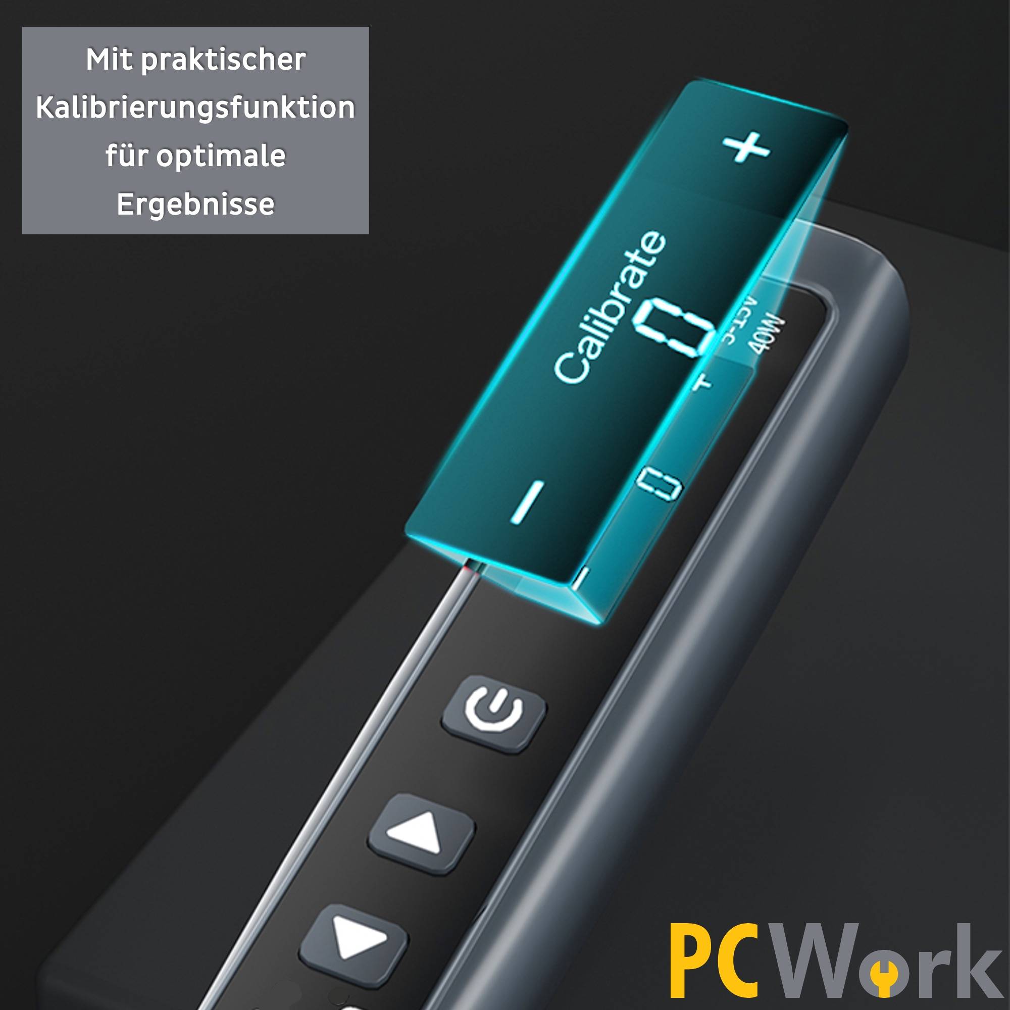Nahaufnahme des OLED-Displays des PCWork PCW09D, das die praktische Kalibrierungsfunktion für optimale Lötergebnisse zeigt.