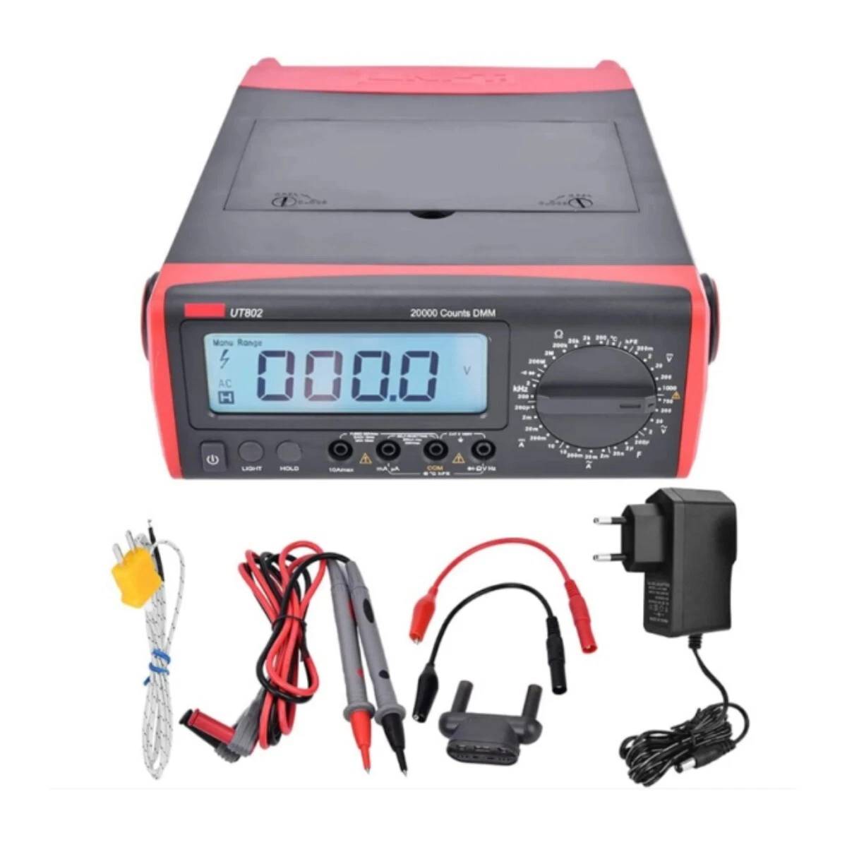 Lieferumfang des UNI-T UT802 Tischmultimeters inklusive Netzteil, hochwertigen Messleitungen, Temperaturfühler und Messadapter.