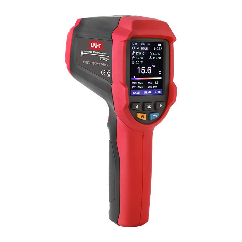 Professional infrared thermometer UT305C+ by UNI-T with a clear color display showing precise measurements like temperature and humidity.