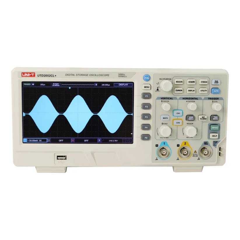 Front view of the UNI-T UTD2052CL+ Digital Storage Oscilloscope with a sine wave on the display.