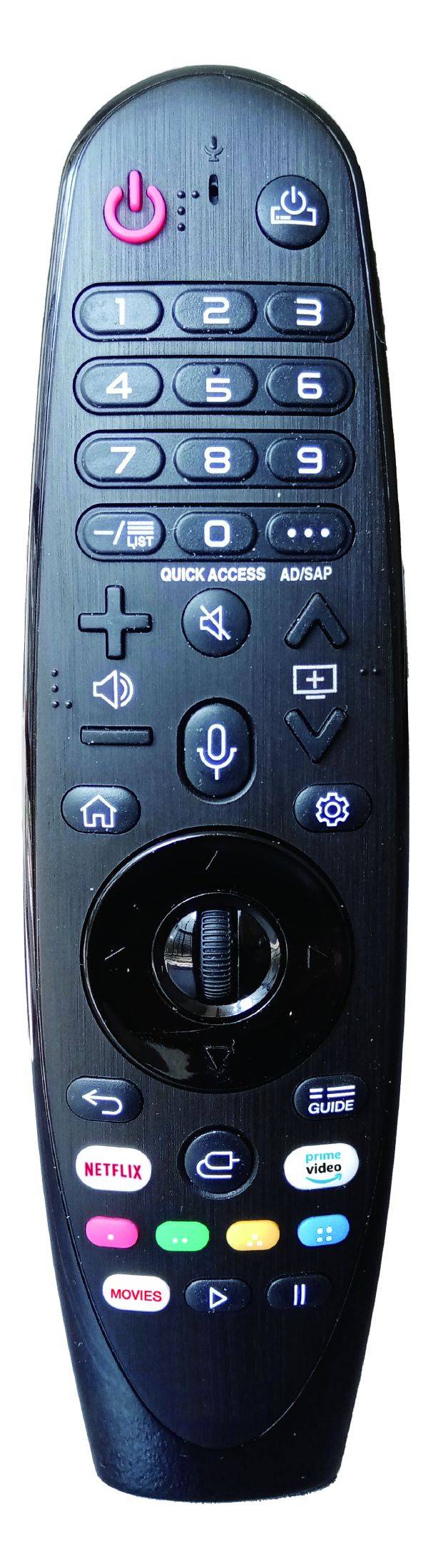 Close-up of the black JL1502 replacement remote control for LG Smart TVs, showing all buttons including Netflix, Prime Video, and voice control.