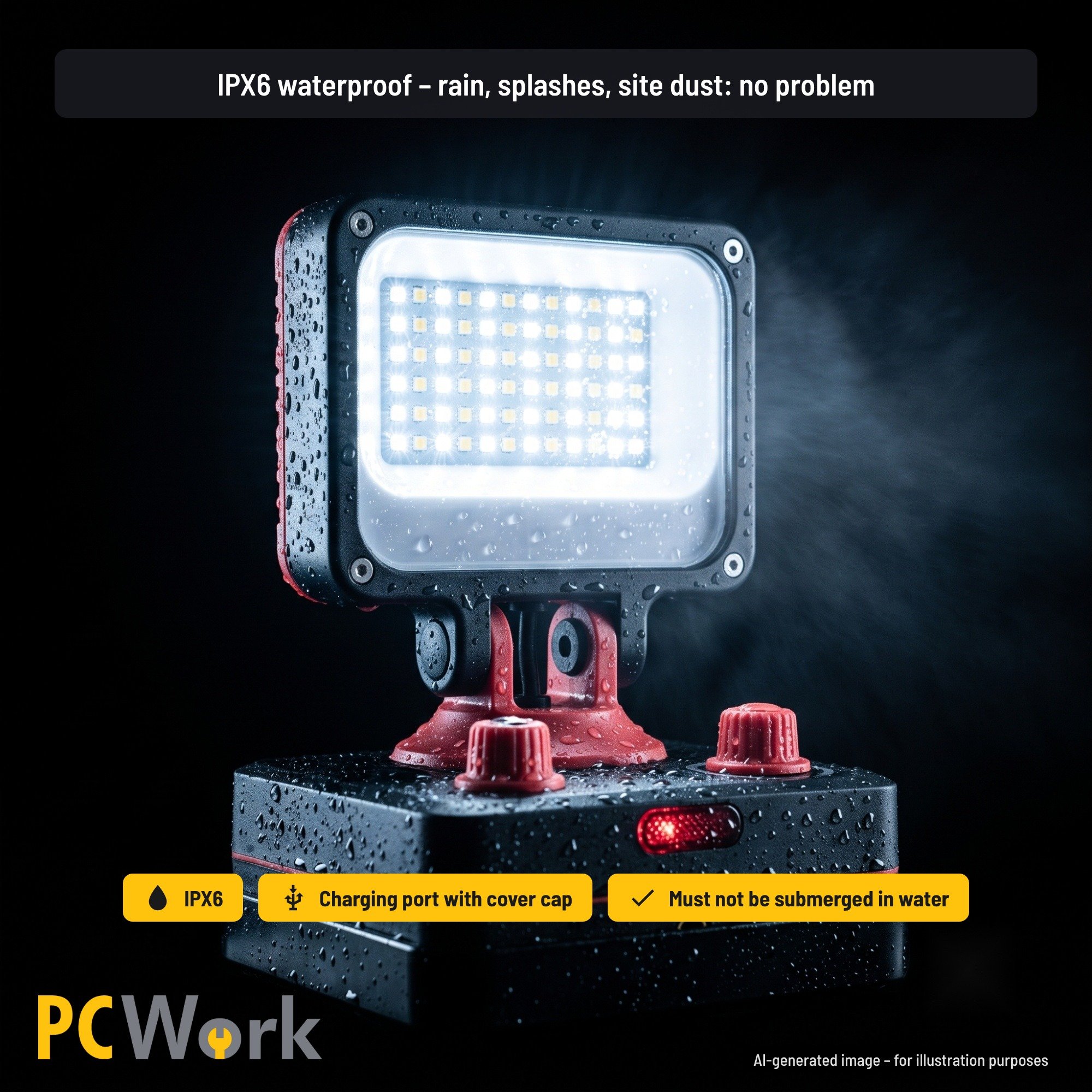 PCW12Q Wasserschutz-Grafik auf Englisch mit IPX6-Zertifizierung und Warnhinweisen