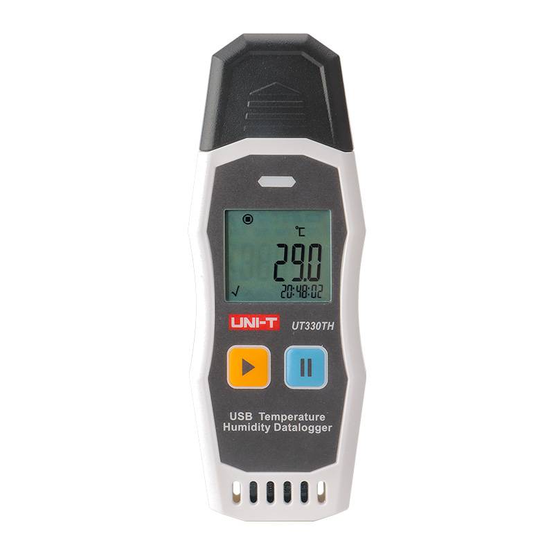 Frontansicht des UNI-T UT330TH USB-Datenloggers für Temperatur und Luftfeuchtigkeit mit eingeschaltetem Display, das 29.0 °C anzeigt.