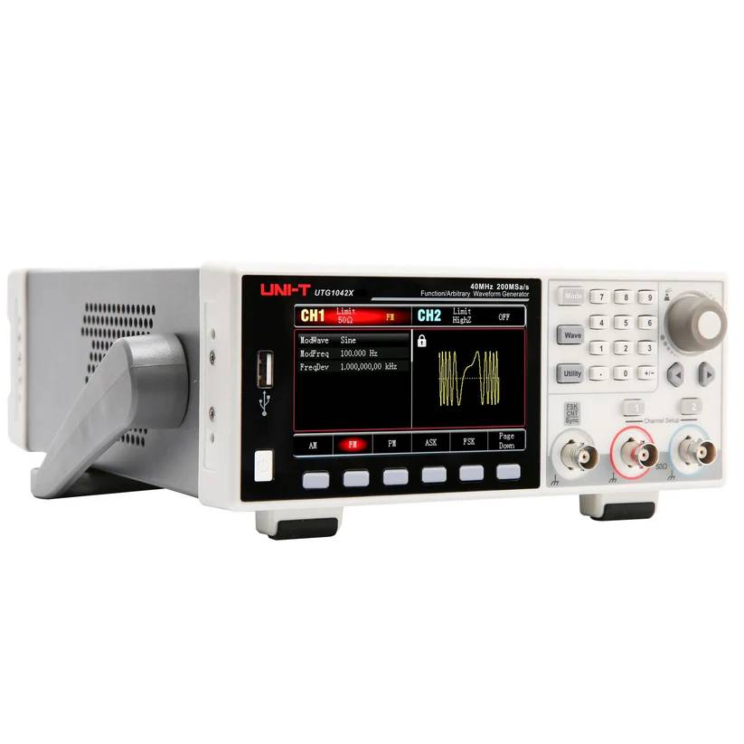 Angled side view of the UNI-T UTG1042X function generator, highlighting the chassis, carrying handle, and front panel.