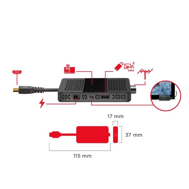 Technical diagram of the JL43703 DVB-T2 stick showing precise dimensions and an overview of all ports, including USB and external IR receiver.