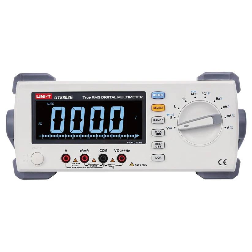 Front view of the UNI-T UT8803E Bench Top Multimeter featuring a large 5999-count True RMS display and analog bar graph.