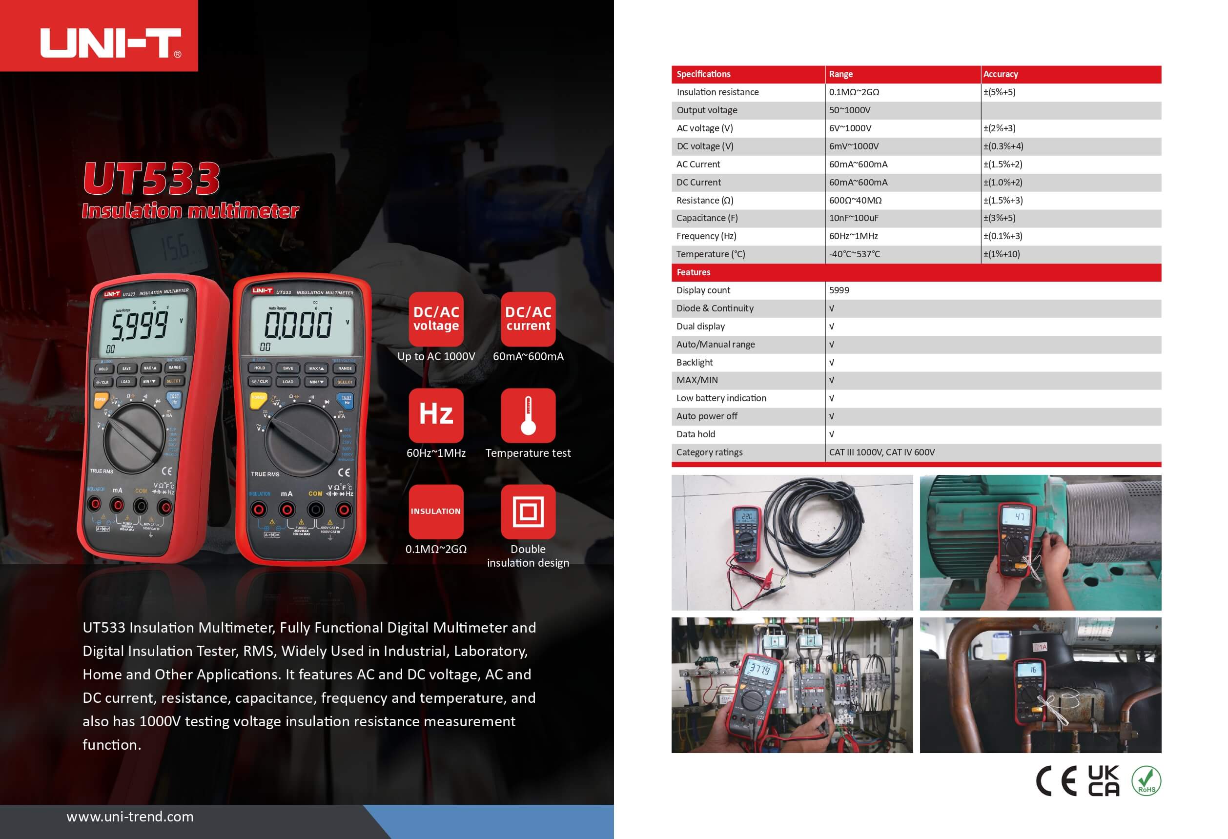 UT533 Isolationswiderstandsmessgerät, Multimeter, 1000V