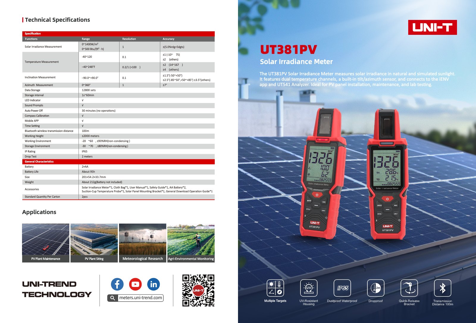 Technisches Datenblatt Seite 1: Technische Daten und Spezifikationen zum UNI-T UT381PV